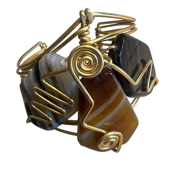 Handmade Wrapped Natural Stone Copper Wire Cuff Bracelet Bangle Agate - Picture 3 of 6